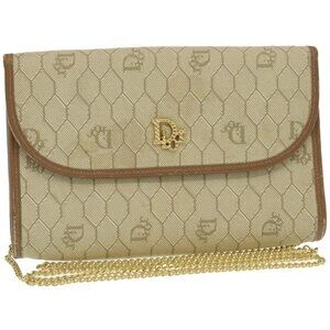 Authentic Christian Dior Honeycomb Chain Shoulder Bag Canvas Beige
